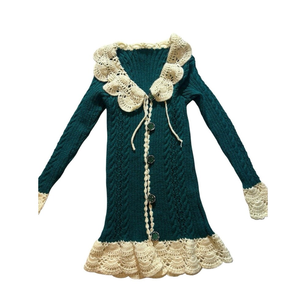 Long Green Crochet Cardigan Whimsical Corrage Core